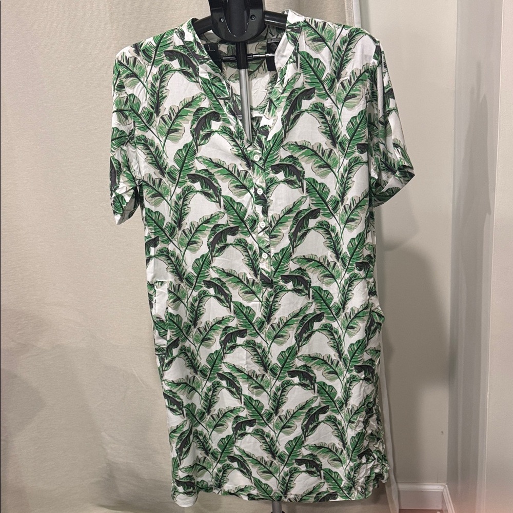Tropical Leaf Print Shirt Dress